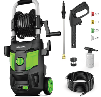 BAYOTAK pressure washer label showing voltage and specifications recall affected unit