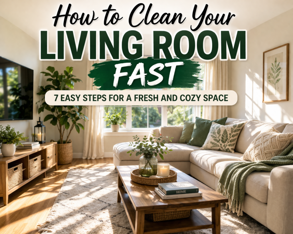 How to clean your living room fast image showing clean cozy living room with title