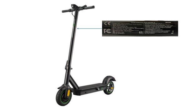 Acer AES015 folding electric scooter showing recalled model label location involved in Electric Scooter Recall 2026