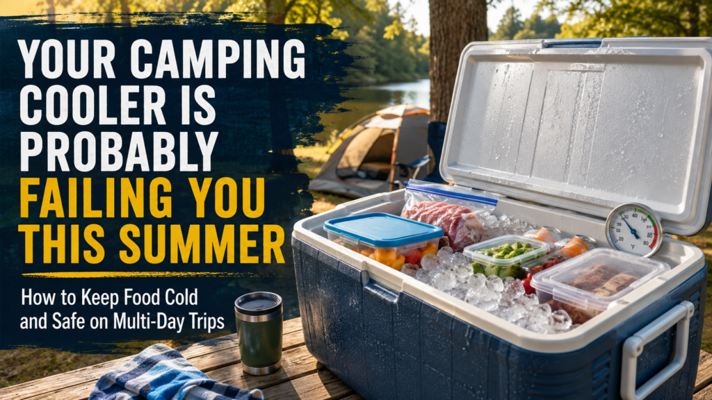 Camping food safety checklist with an open cooler packed with ice, food containers, and a thermometer at a summer campsite.
