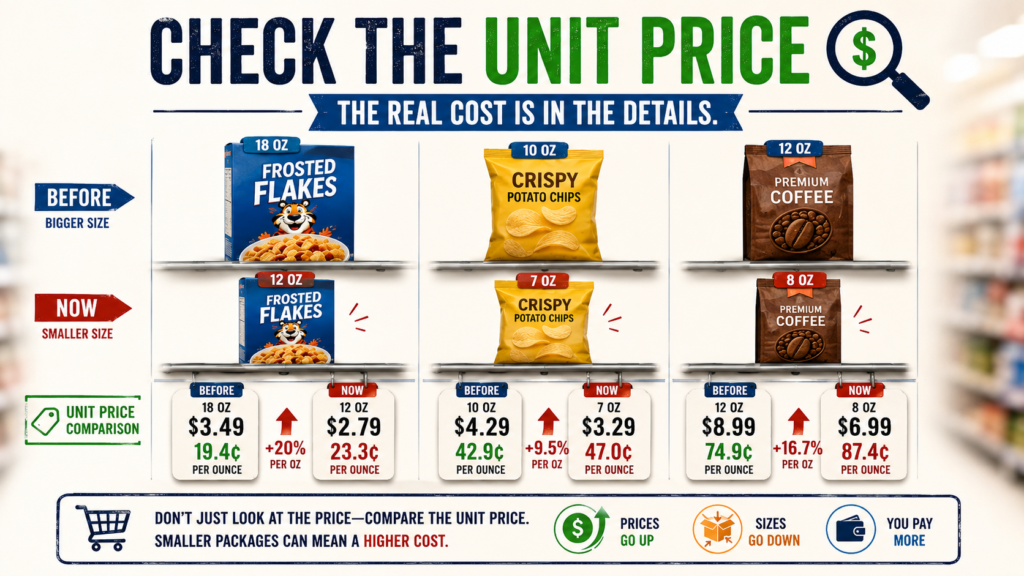 Shopper comparing cereal package sizes and unit prices to catch shrinkflation at the grocery store