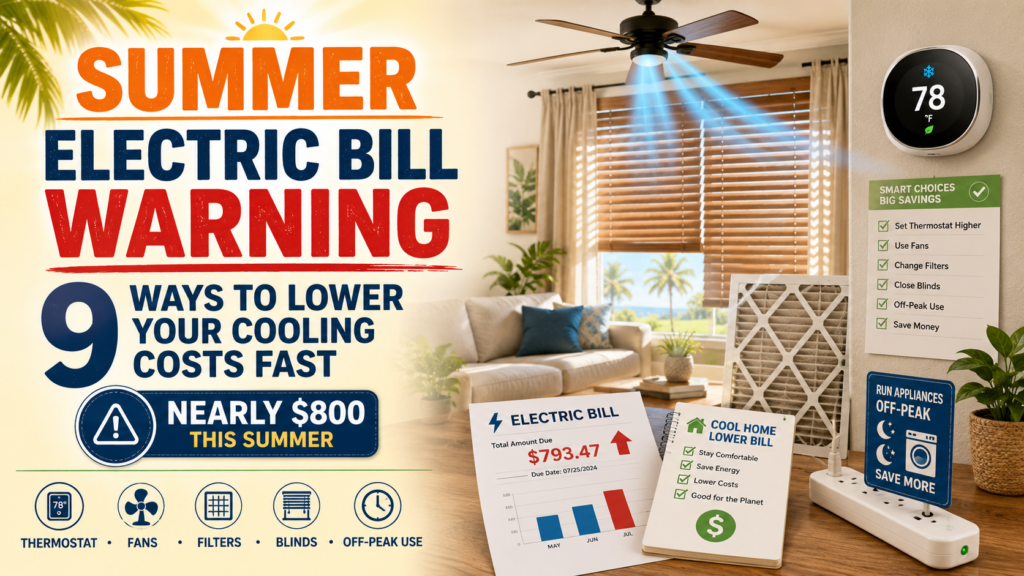Summer electric bill savings graphic showing an air conditioner, thermostat, ceiling fan, window blinds, and energy-saving checklist