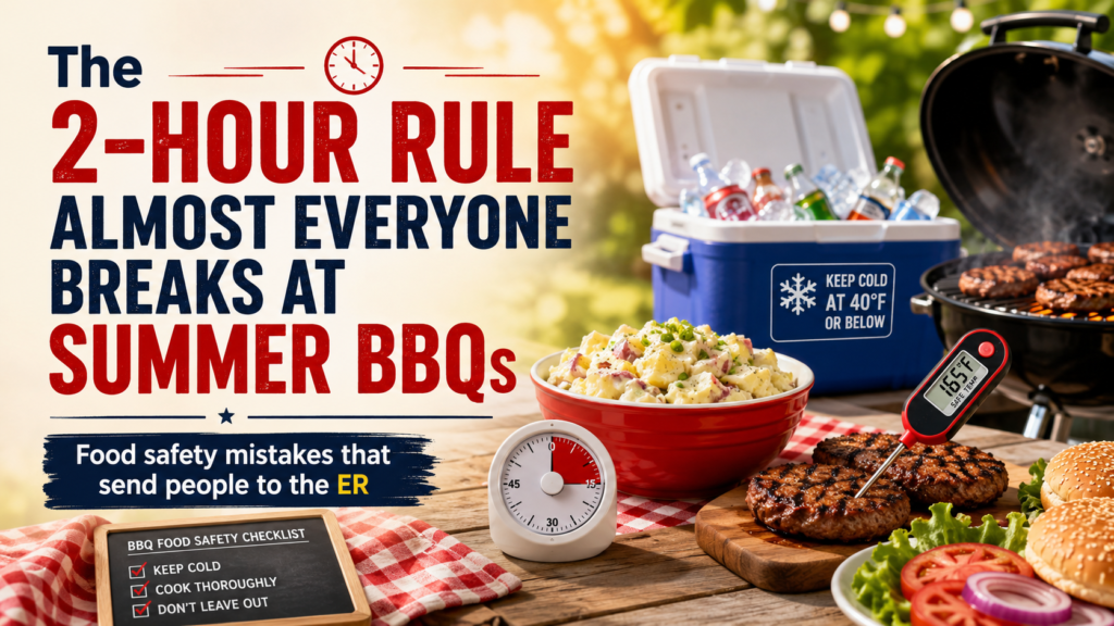 Summer BBQ food safety graphic showing the 2-hour rule, grilled burgers, potato salad, a cooler, and a meat thermometer with food safety tips