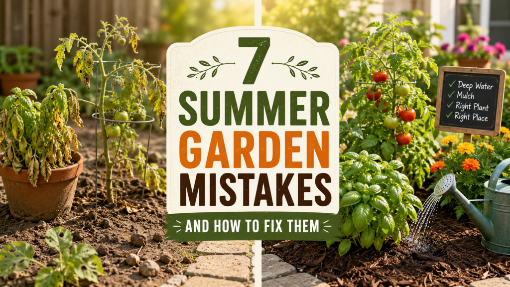 Summer garden mistakes showing struggling plants beside healthy garden plants with mulch, deep watering, and proper plant care tips.