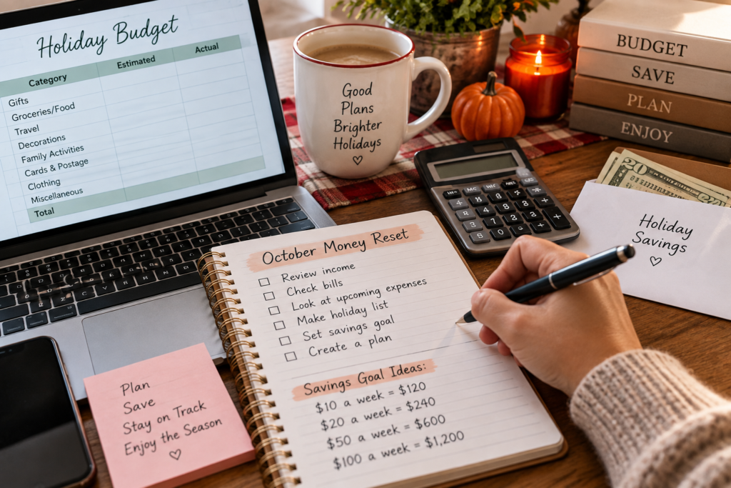 October Money Reset planner showing holiday budget categories, weekly savings goals, calculator, bills, and holiday savings envelope.
