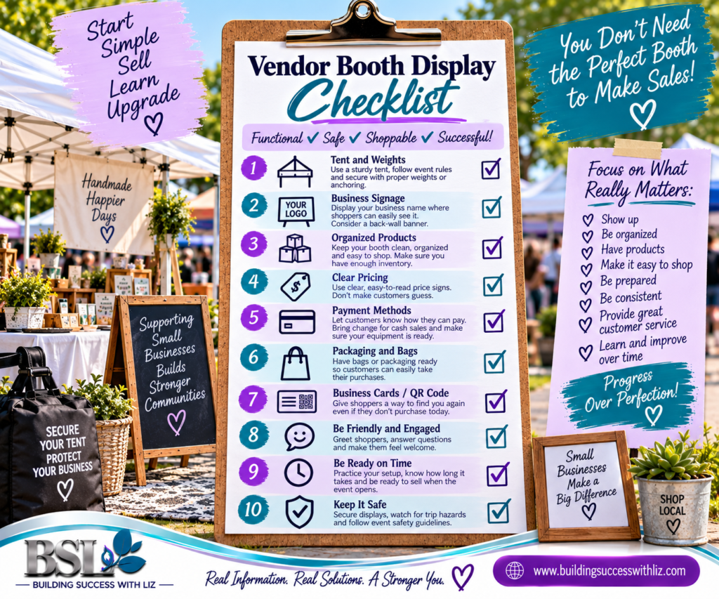 Vendor booth display checklist showing tent weights signage products payment methods and safe organization