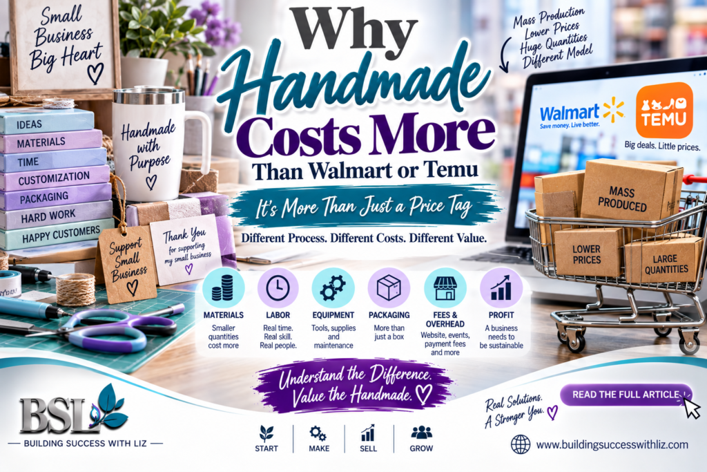 Why handmade costs more than Walmart or Temu showing materials labor packaging overhead and small business profit