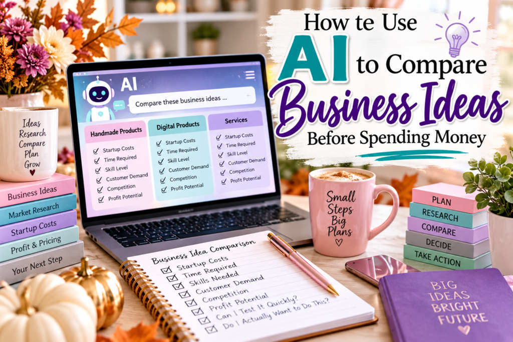 Entrepreneur using AI to compare handmade, digital, and service business ideas before spending money.