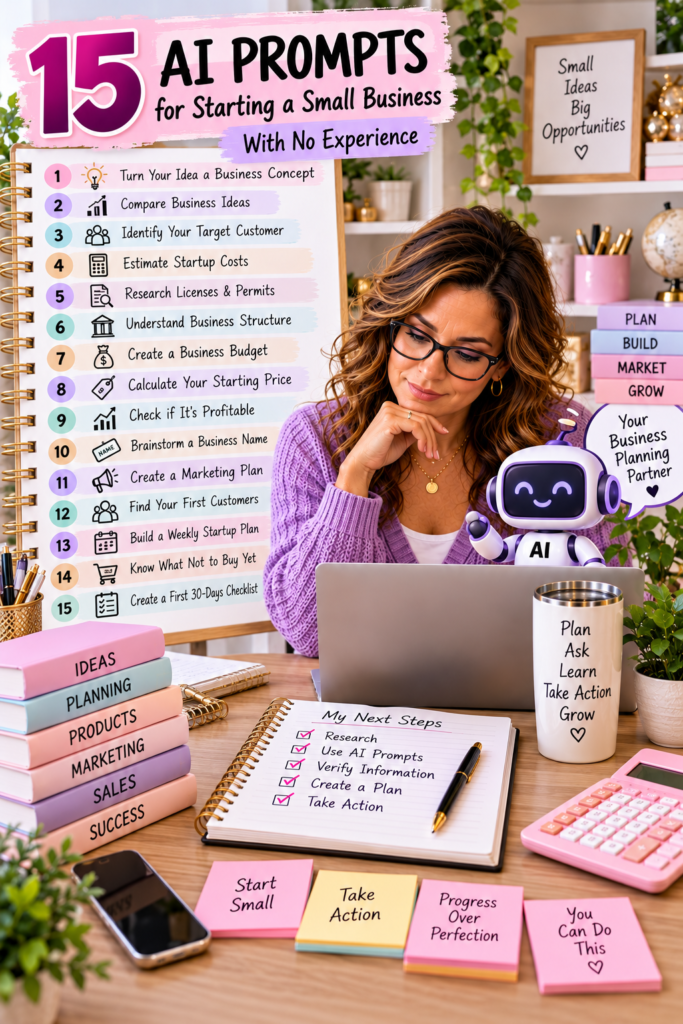 Fifteen AI prompts for starting a small business including business ideas, customers, startup costs, pricing, permits, marketing, and first sales.