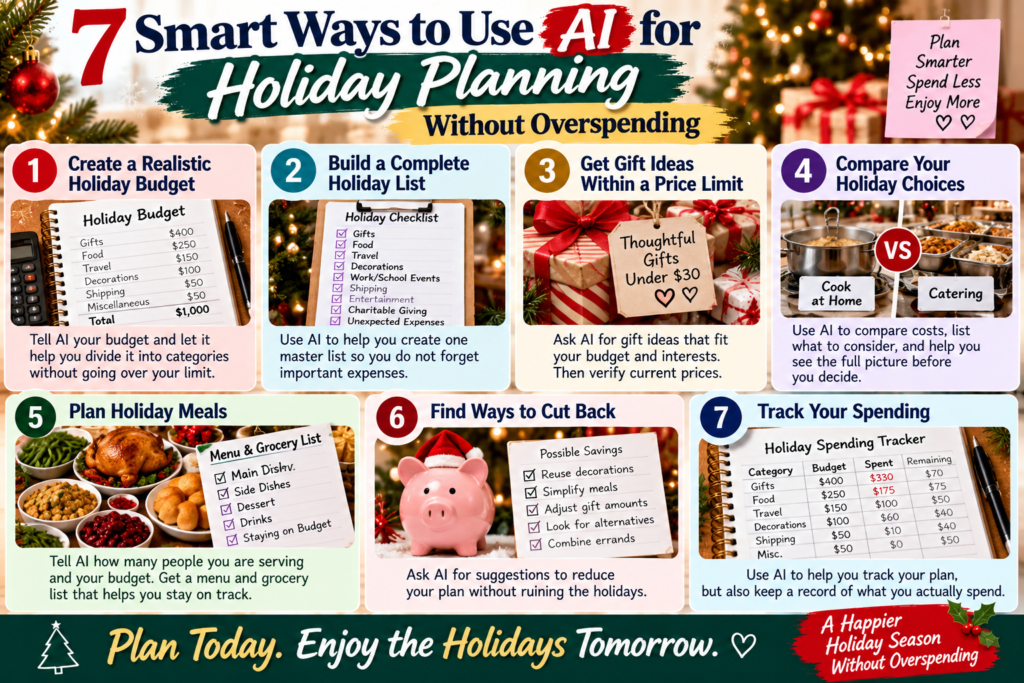 Seven AI holiday planning tips for creating a budget, organizing expenses, finding affordable gifts, comparing choices, planning meals, cutting costs, and tracking spending.