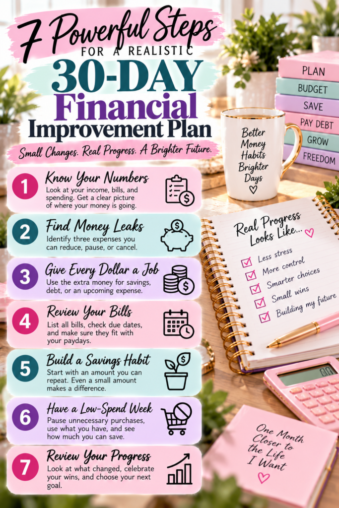 Seven steps in a 30-day financial improvement plan including reviewing spending, finding money leaks, saving, checking bills, and tracking progress.