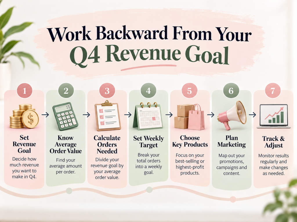 Seven steps to reach a Q4 revenue goal including setting a target, calculating orders, choosing products, planning marketing, checking capacity, and tracking progress.