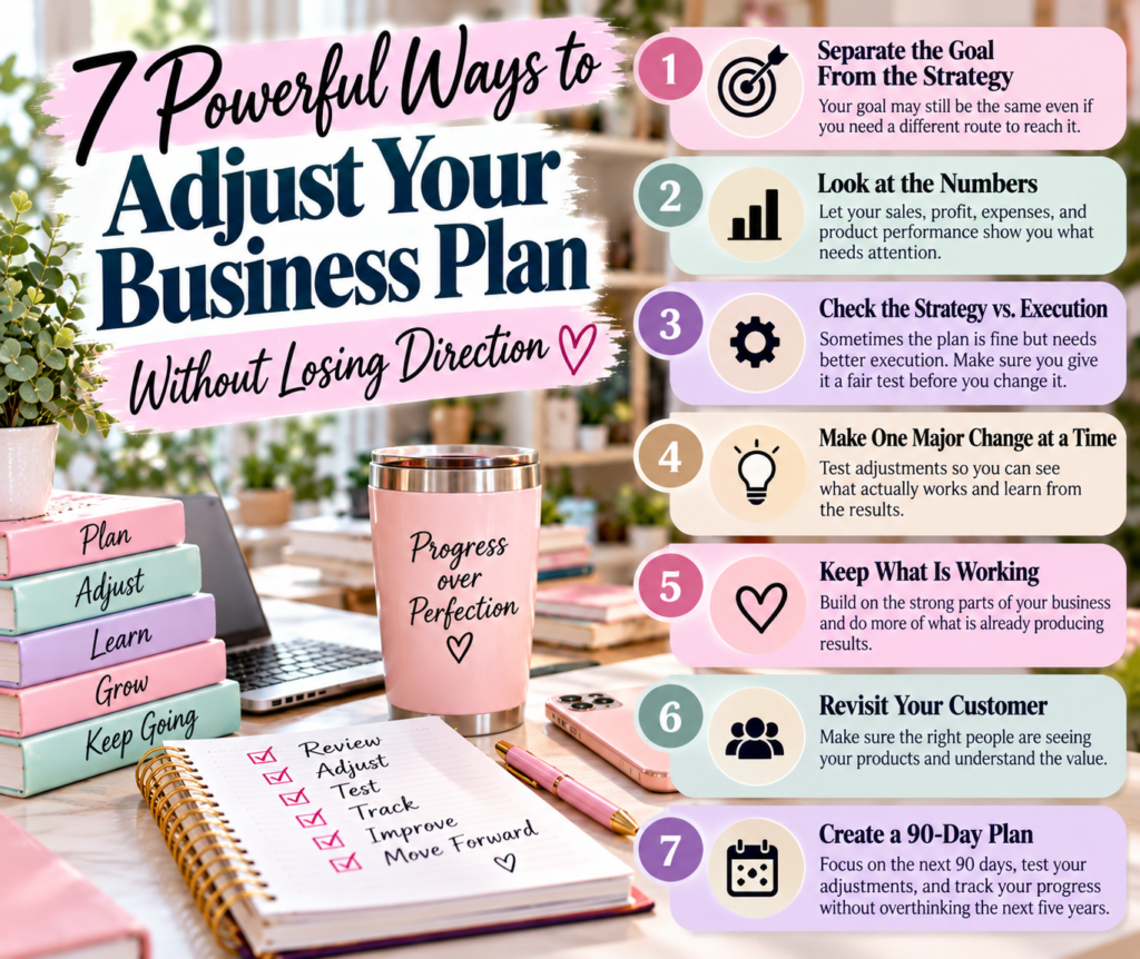 Seven ways to adjust your business plan by reviewing goals, numbers, execution, customers, and the next 90 days.