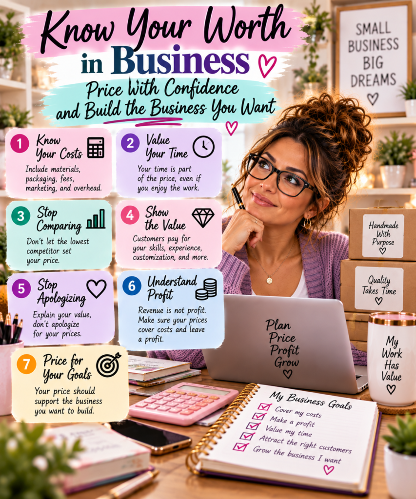Seven ways to know your worth in business including calculating costs, valuing time, showing value, understanding profit, and pricing for goals.