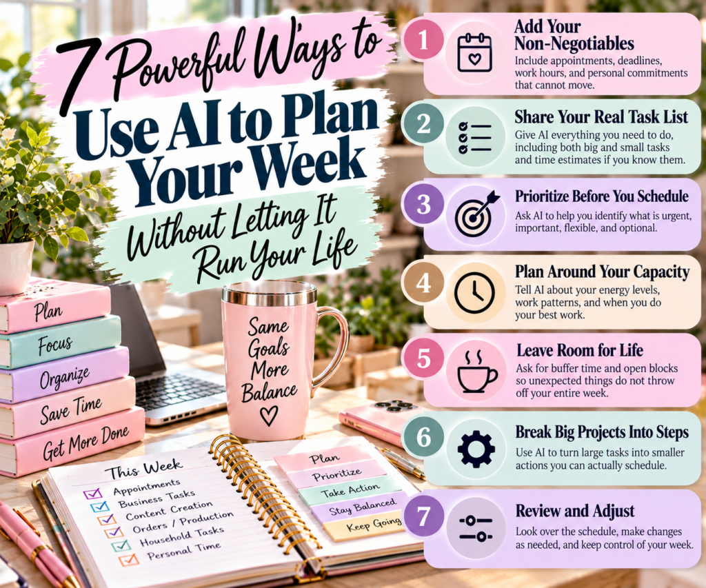 Seven ways to use AI to plan your week including priorities, non-negotiables, realistic capacity, buffer time, and schedule review.
