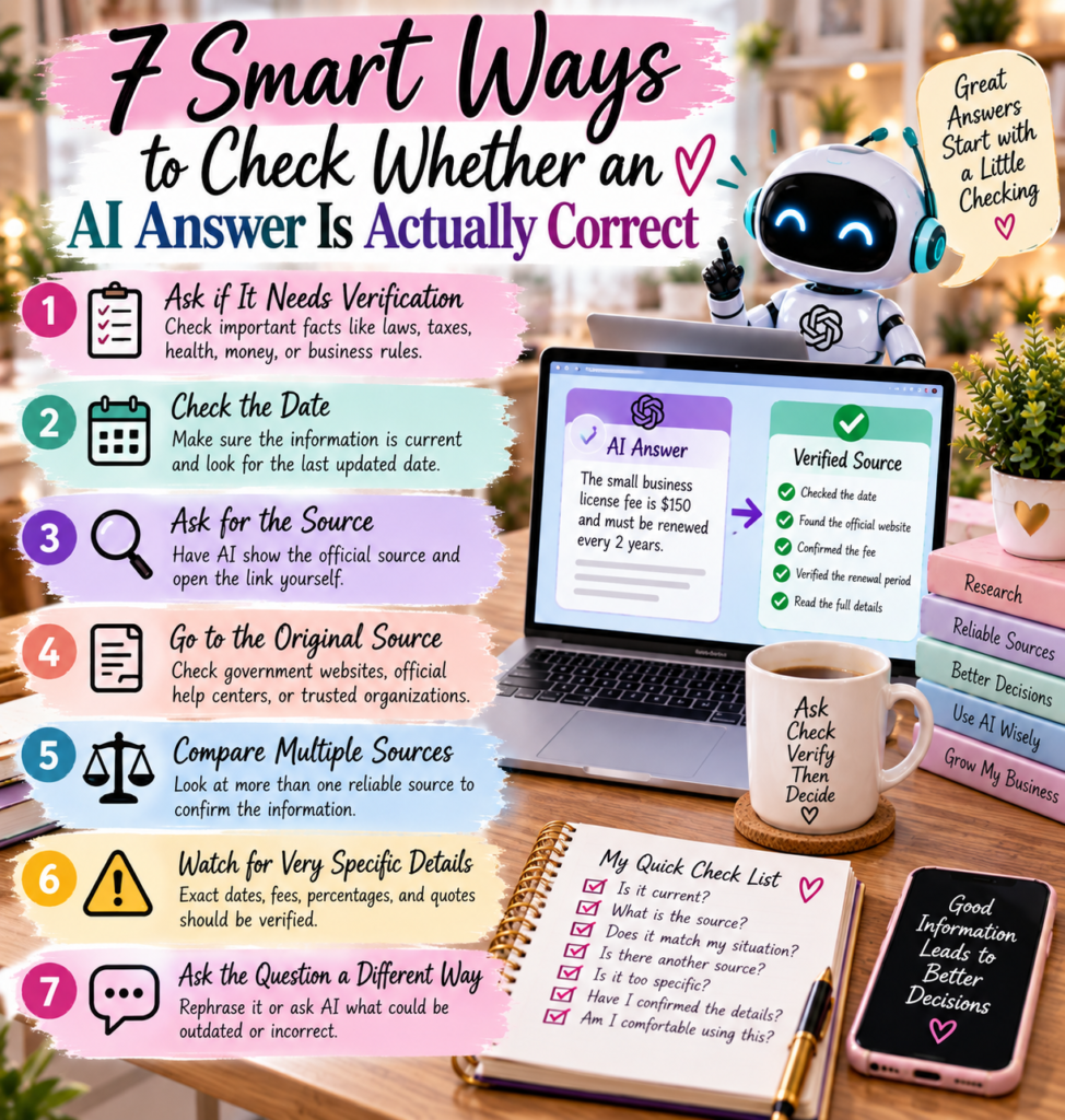 Seven ways to verify AI answers by checking dates, sources, official websites, details, and multiple reliable references