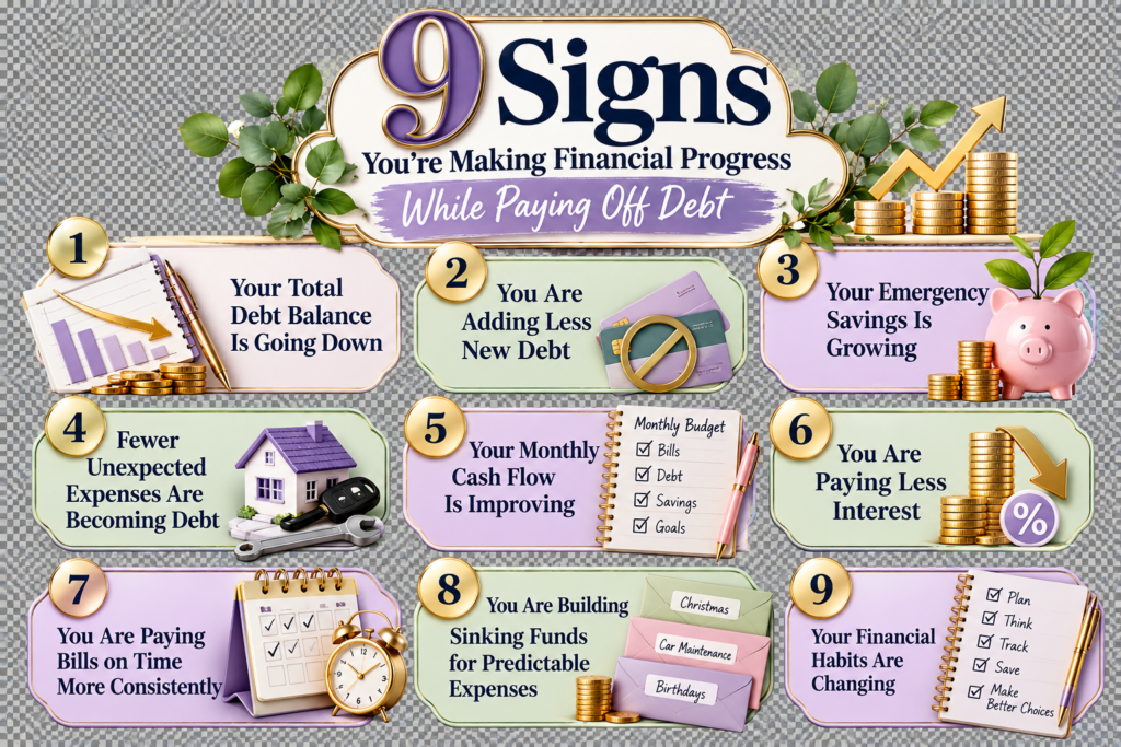 Nine ways to measure financial progress while paying off debt, including lower debt, growing savings, improved cash flow, sinking funds, and better money habits.