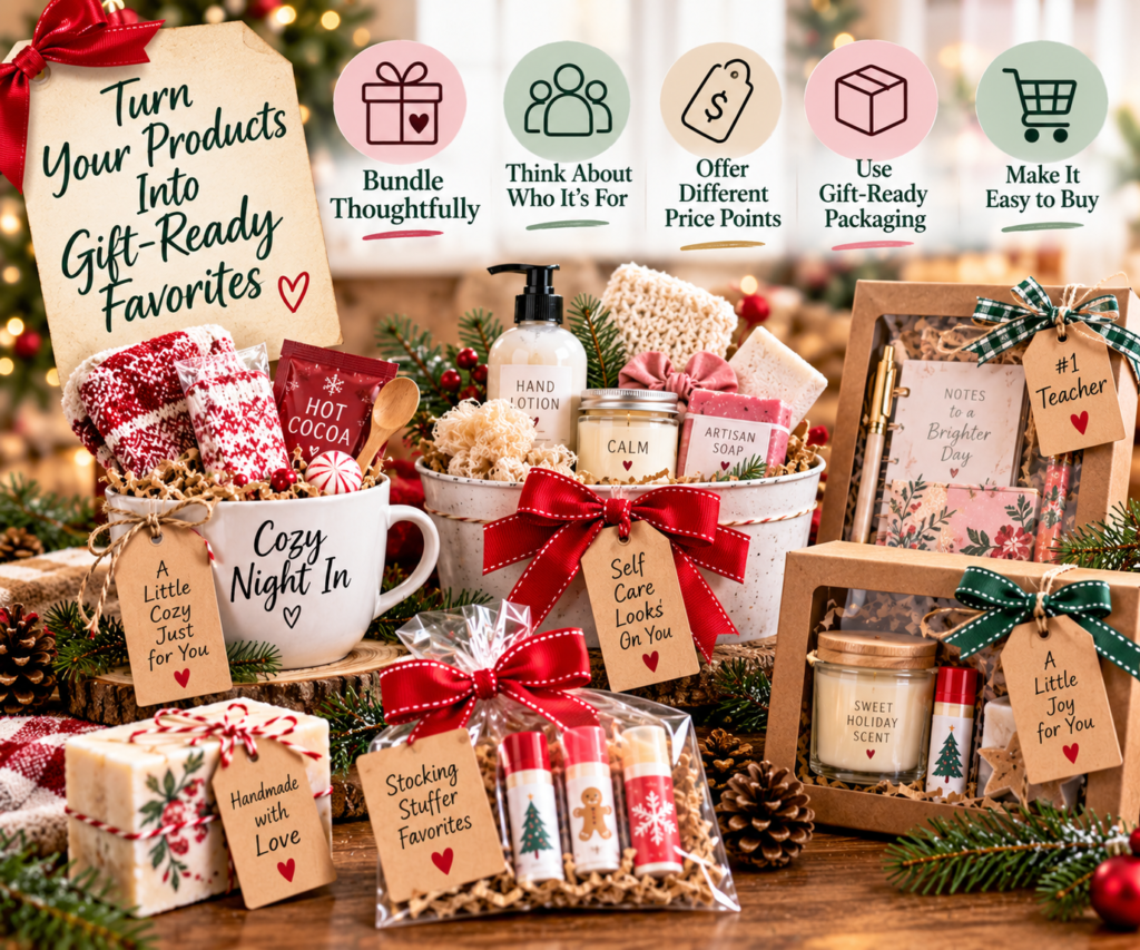 Holiday gift bundle examples showing different price points, thoughtful packaging, and gift-ready product ideas