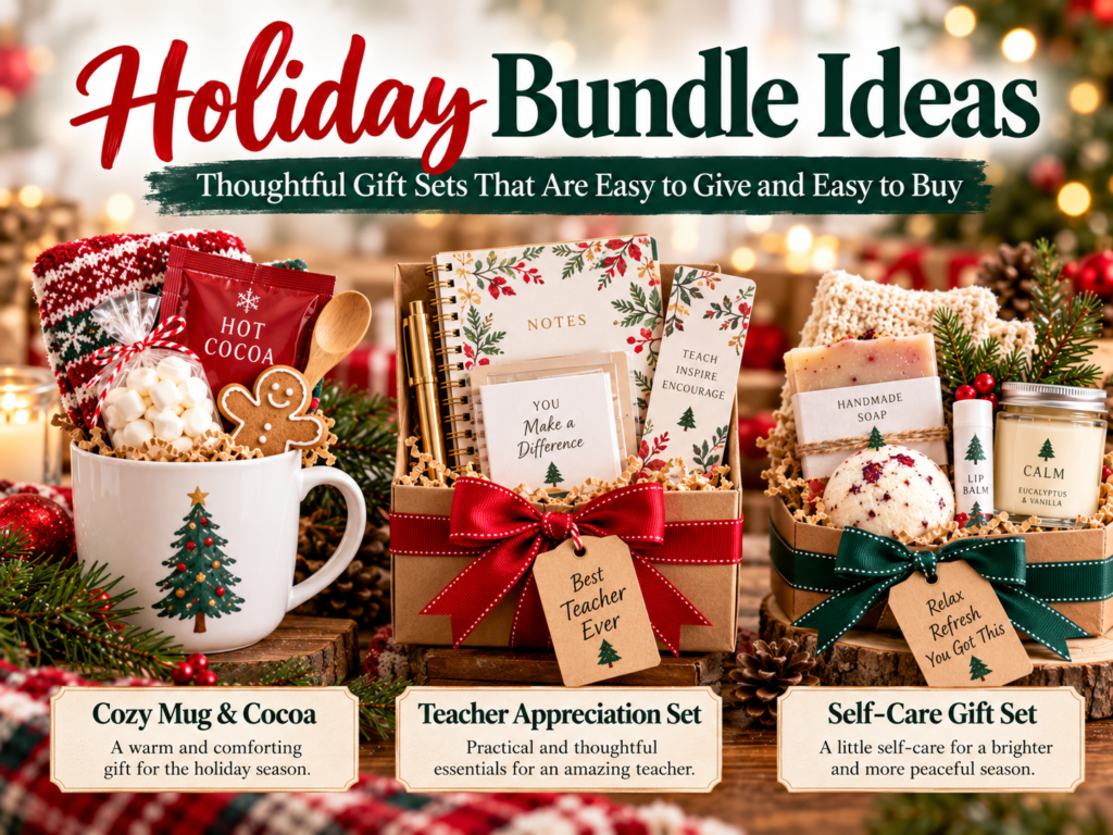 Holiday gift bundle ideas including a cozy mug and cocoa set, teacher appreciation gift set, and self-care gift set.