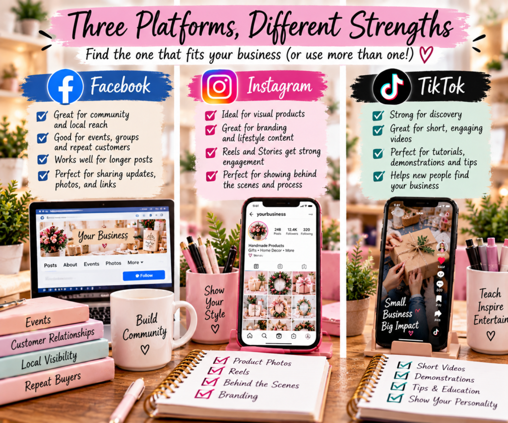 Comparison of Facebook, Instagram, and TikTok showing the different strengths of each social media platform for business.