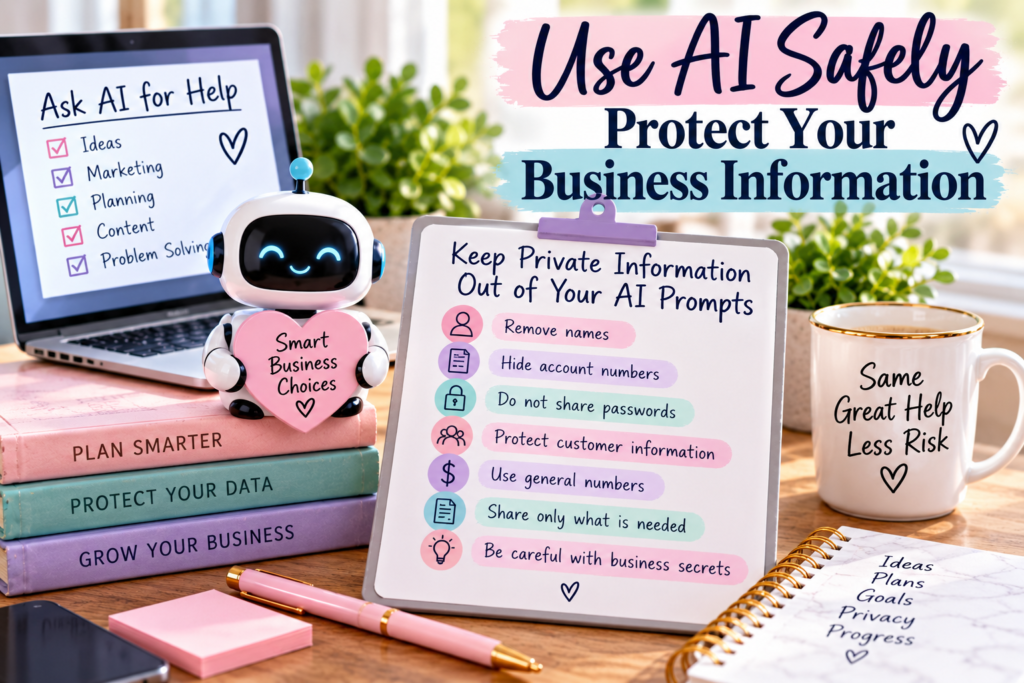 AI business privacy checklist showing reminders to remove names, hide account numbers, protect customer information, avoid sharing passwords, and share only necessary information.