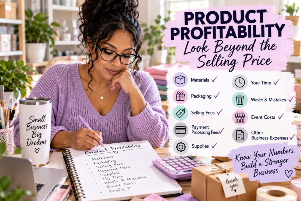 Small business owner reviewing product profitability with a checklist for materials, packaging, selling fees, labor, waste, event costs, and other business expenses.