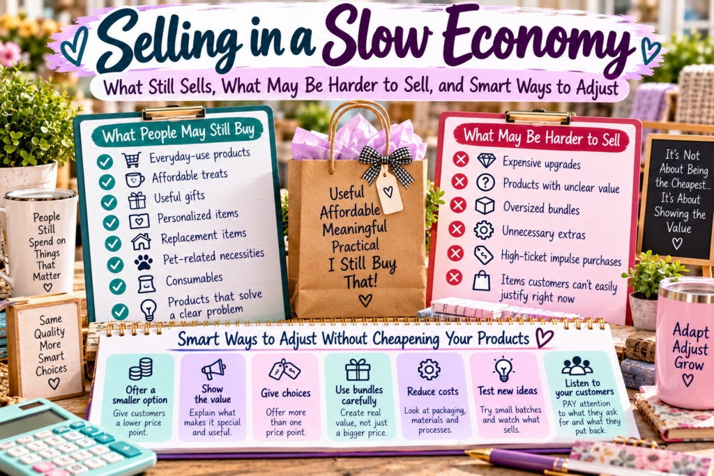 Selling in a slow economy guide showing affordable products, useful gifts, personalized items, higher-risk purchases, and smart ways to adjust a small business offer.