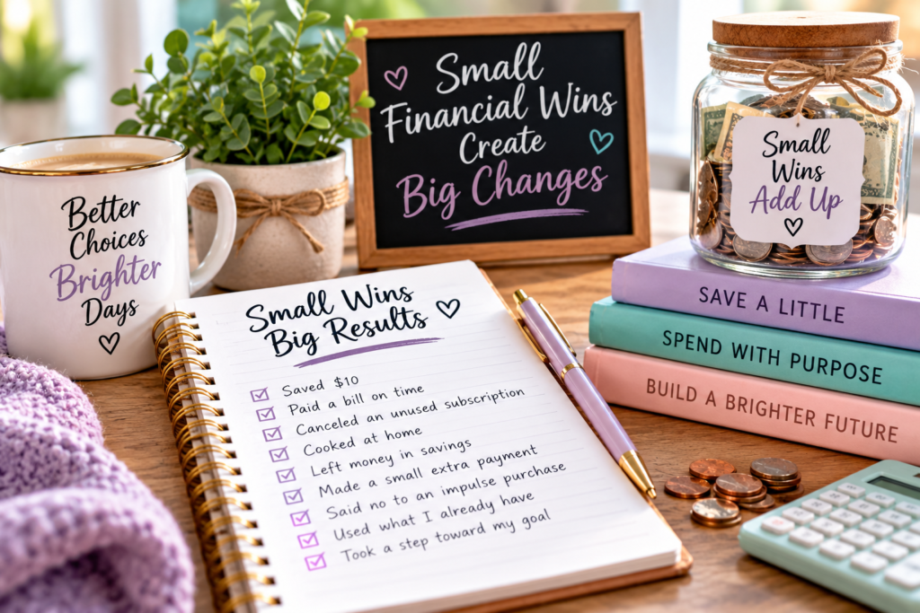 Small financial wins checklist with savings jar, calculator, coins, and reminders to save, spend with purpose, and build better financial habits.