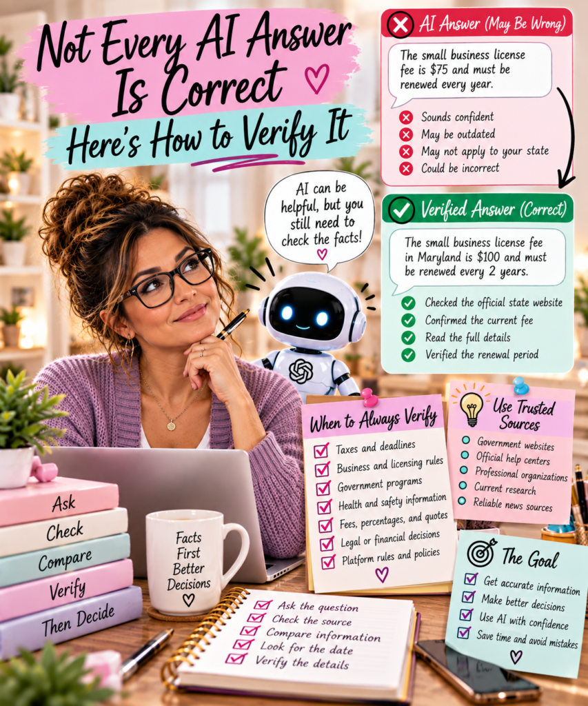 AI fact-checking guide comparing an unverified AI answer with information confirmed through trusted sources.