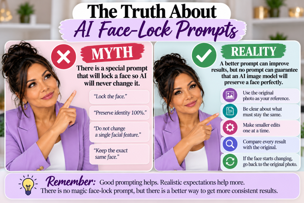 Graphic explaining that AI face-lock prompts may improve facial consistency but cannot guarantee an unchanged face.