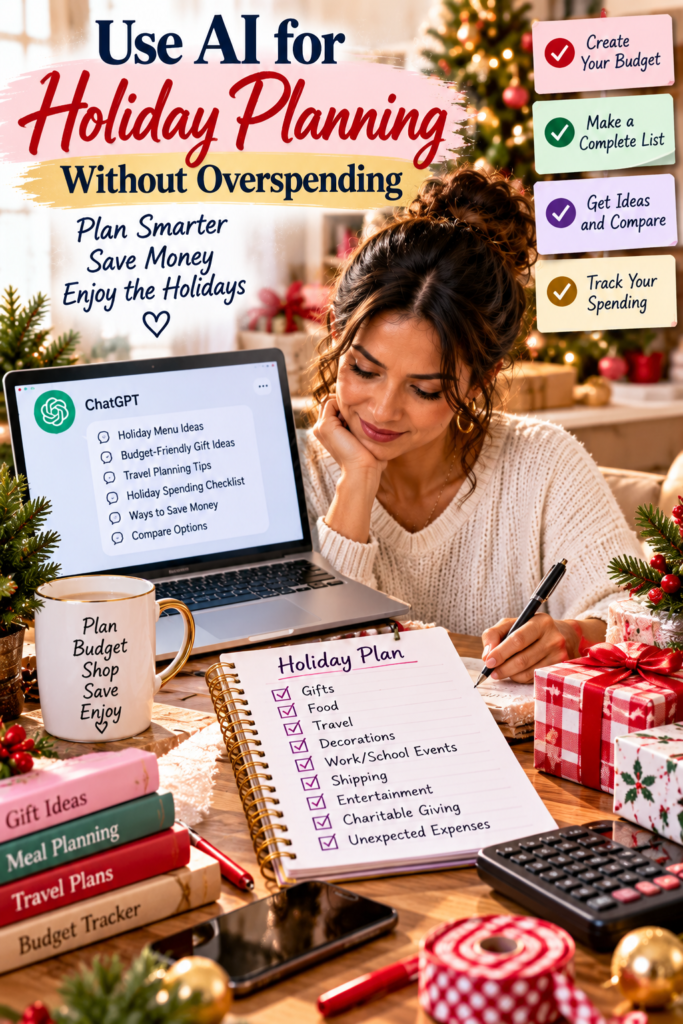 Woman using AI holiday planning to organize a holiday budget, gift list, meals, travel, shipping, and unexpected expenses.