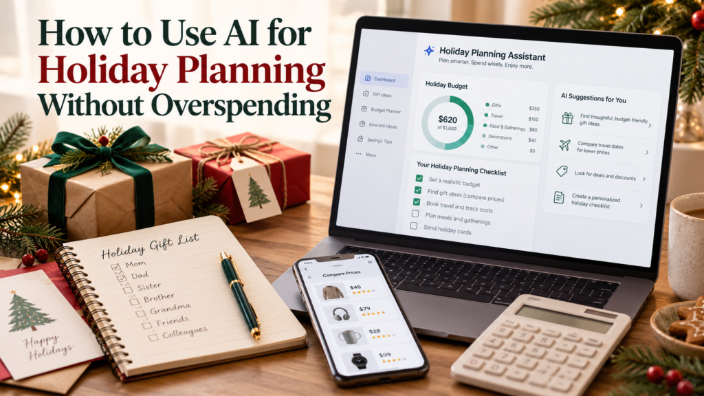 AI holiday planning workspace with holiday budget, gift list, calculator, laptop, and price comparison tools for avoiding overspending.