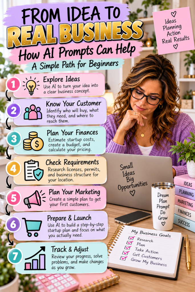 Infographic showing how AI prompts can help beginners explore business ideas, understand customers, plan finances, research requirements, market, launch, and track progress.