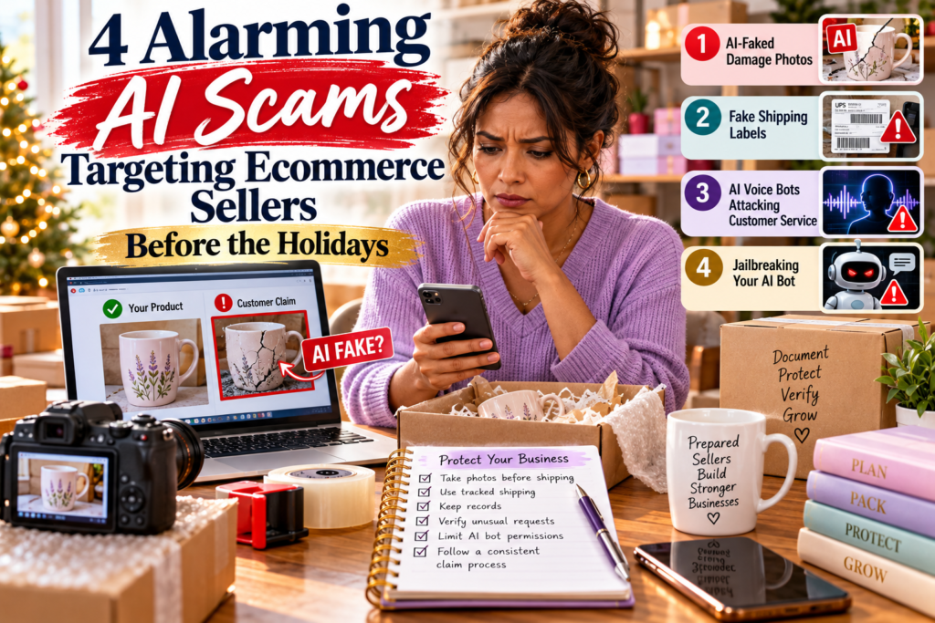 AI scams targeting ecommerce sellers including fake damage photos, fake shipping labels, AI voice bots, and customer-service chatbot jailbreaking.