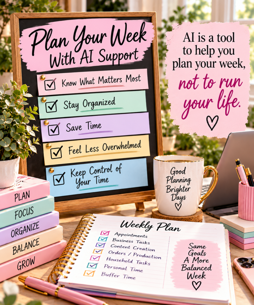 Weekly planning board showing how AI can support organization, reduce overwhelm, save time, and help maintain a balanced schedule.