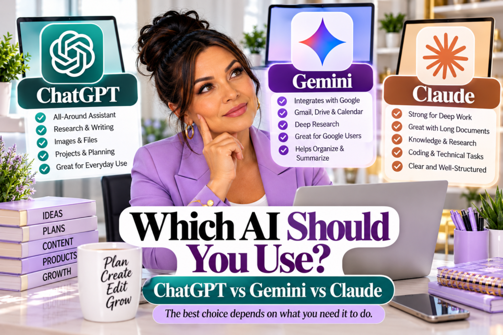 Comparison of ChatGPT vs Gemini vs Claude showing which AI may fit different needs such as research, Google tools, writing, planning, and deep work.
