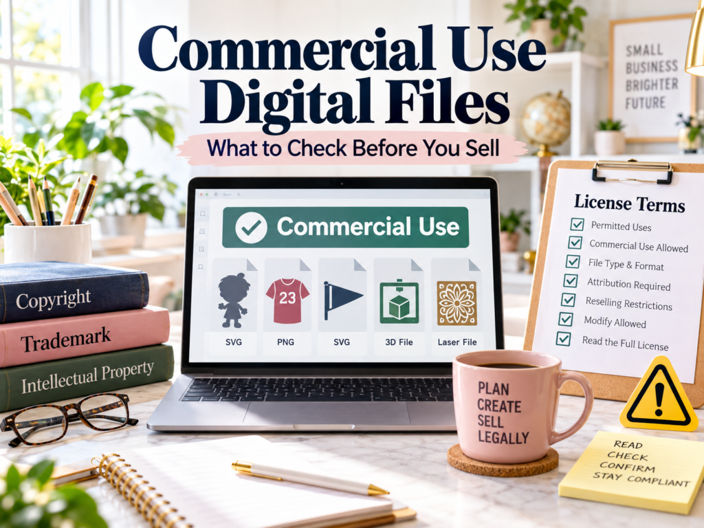 Commercial use digital files displayed on a laptop with copyright, trademark, licensing, and small business legal reminders.