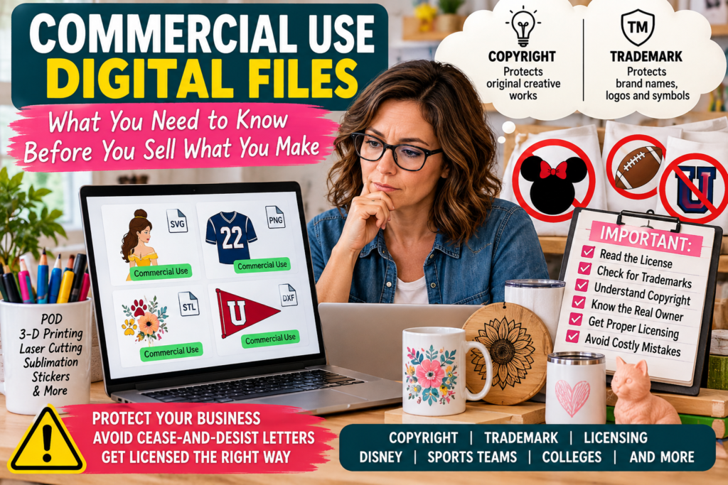 Infographic explaining copyright, trademark, licensing, and commercial use digital files for POD, 3-D printing, laser cutting, sublimation, and small businesses.