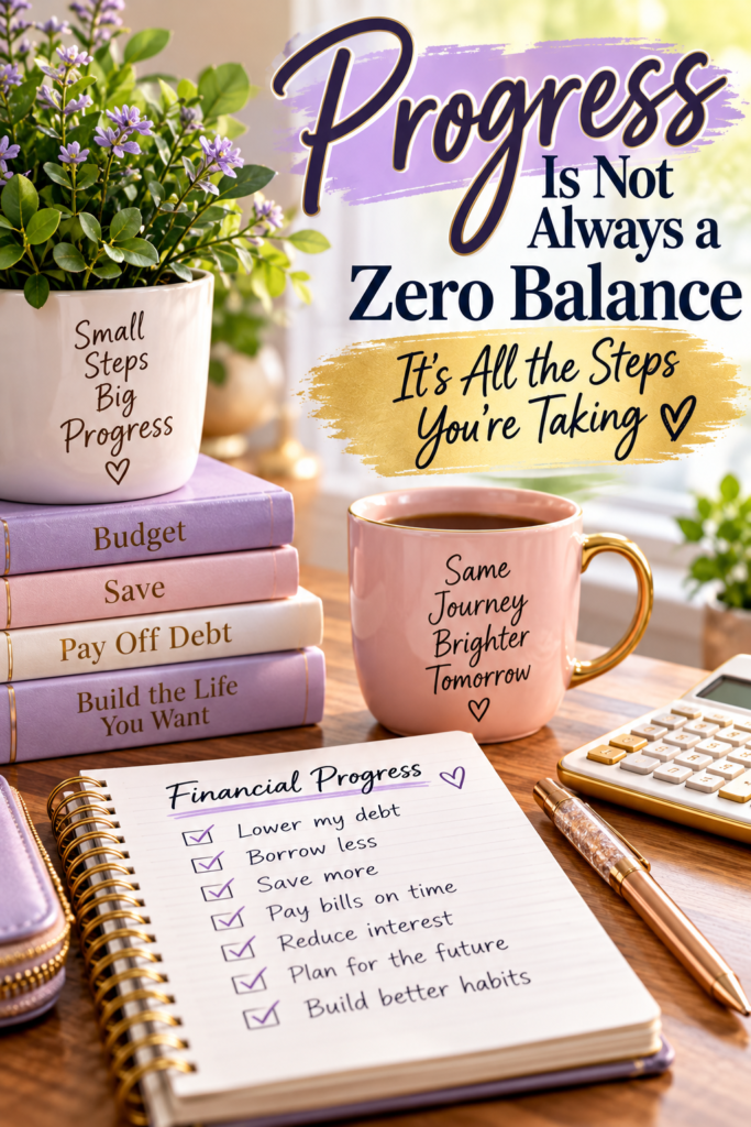 Financial progress checklist showing lower debt, less borrowing, more savings, on-time bills, reduced interest, planning, and better money habits.