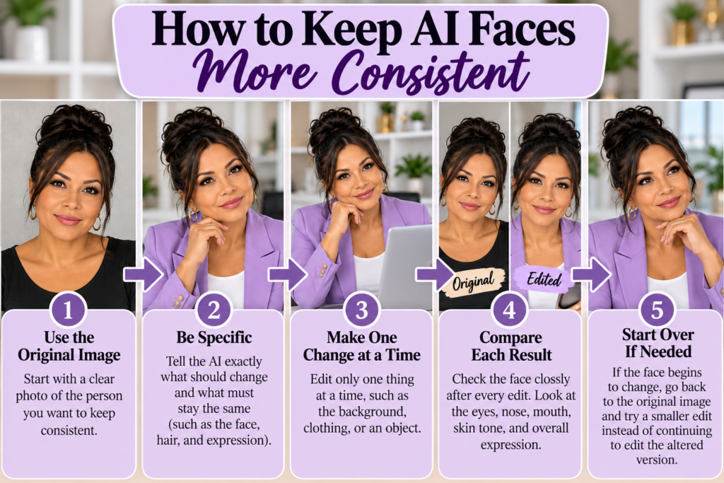 Steps for keeping AI faces consistent by using the original reference image, making smaller edits, and checking each result.