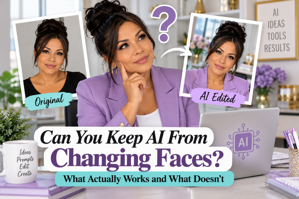 Woman comparing an original portrait with an AI-edited version while learning how to keep AI from changing faces.