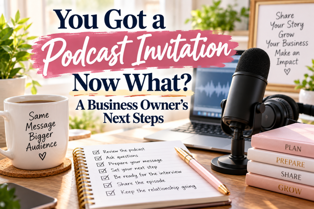 Podcast invitation for business owners with microphone, laptop, checklist, headphones, and interview preparation tools.