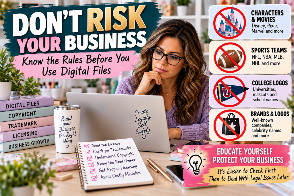 Small business owner reviewing digital file licensing rules for characters, sports teams, college logos, and major brands.