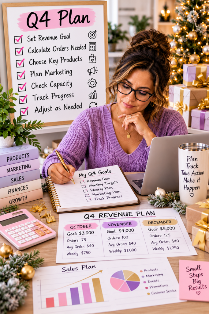 Small business owner creating a Q4 plan with revenue goals, monthly targets, product strategy, marketing, and sales tracking.