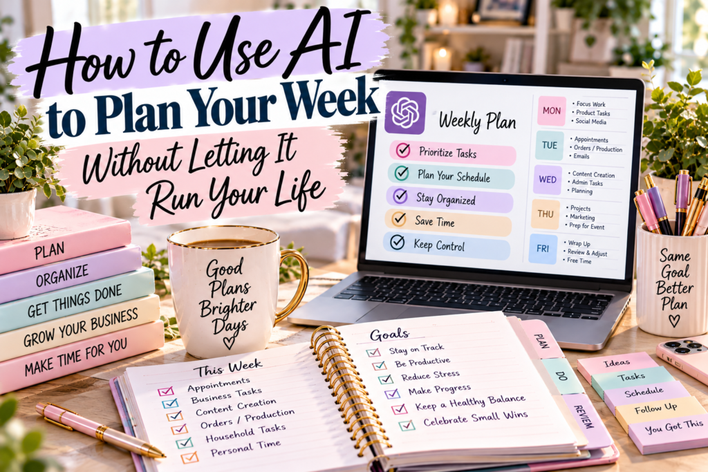 Weekly planning workspace showing how to use AI to plan your week while keeping control of priorities, tasks, and personal time.
