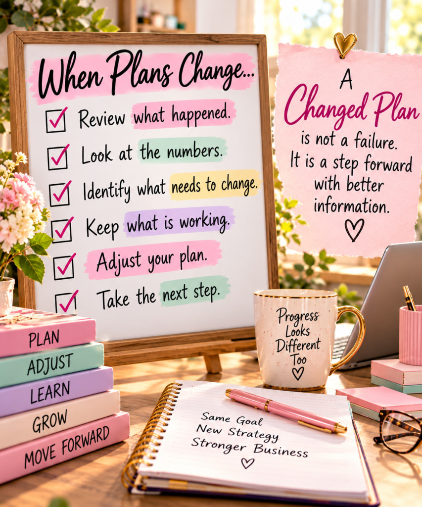Business planning checklist showing how to review results, identify what needs to change, keep what works, and move forward.
